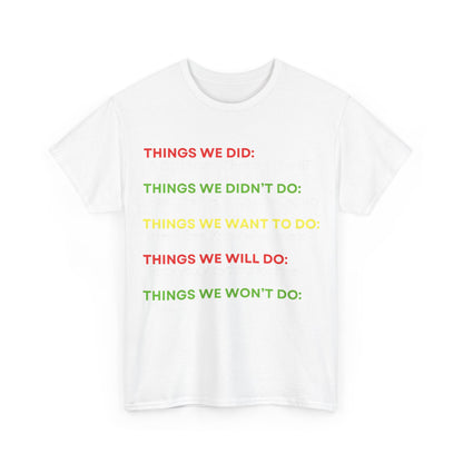 Front view of the Rock Anthems Tribute Unisex Cotton T-Shirt Graphic Tee, featuring vibrant multi-coloured text outlining aspirations, ideal for expressing your love for classic rock.