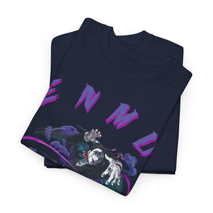 Elegant preview of a navy blue Enmu-inspired T-shirt, highlighting creative anime artistry and intricate designs, suitable for any fashion-forward fan.