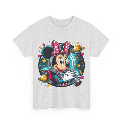 Vibrant front view of the Blast Off with Minnie Mouse Unisex Graphic Tee Shirt, featuring a playful graphic of Minnie Mouse in a space suit against a cosmic backdrop.