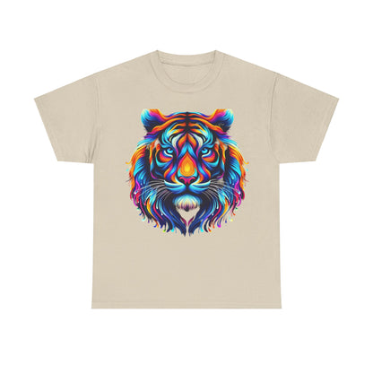 Tiger's Whimsy Graphic Tee - Unisex T-shirt featuring a vibrant artistic design of a kaleidoscopic tiger head with intricate details and vivid colours set against a light background.