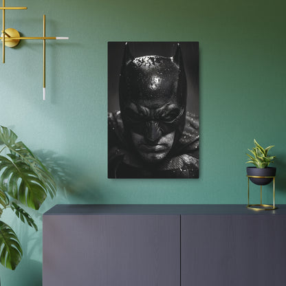 Chic Batman Metal Art Poster in a contemporary environment, featuring the powerful silhouette of the Dark Knight on premium matte aluminum, a perfect accent for home or office aesthetics.