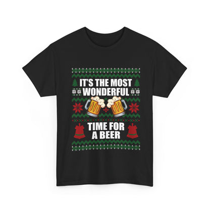 Classic view of a Christmas Xmas Beer Graphic T-Shirt featuring the slogan "It's the Most Wonderful Time for a Beer" with festive illustrations on a minimalistic background, highlighting its luxurious appeal.