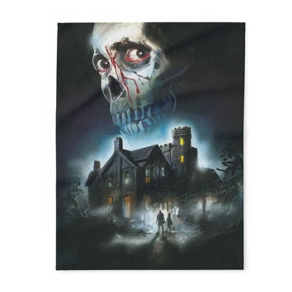 Luxurious Decorative and Warm Halloween Spooky Arctic Fleece Blanket featuring an eerie skull and haunted house, perfect for seasonal decor.