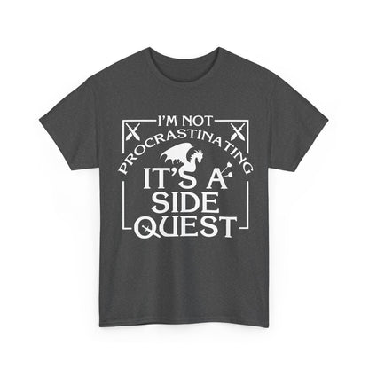 Luxury Unisex Graphic Tee: "It's A Side Quest" featuring a dark grey front design with striking white lettering and a dragon motif, perfect for casual luxury.