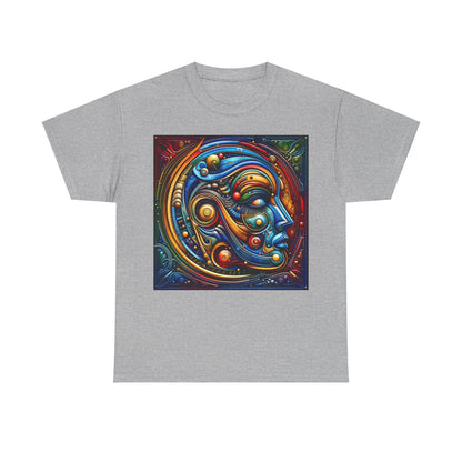 Stained Glass Dreams Unisex T-Shirt in light grey featuring a captivating abstract design of a human face, combining vibrant colors and intricate patterns inspired by Art Deco aesthetics.