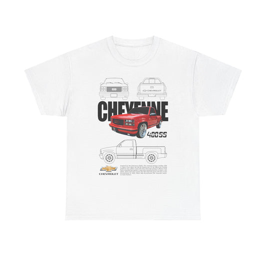 Elegant white Chevrolet Cheyenne T-shirt showcasing striking graphic design of the legendary red pickup truck with 'CHEYENNE 400SS' text, ideal for casual luxury wear.