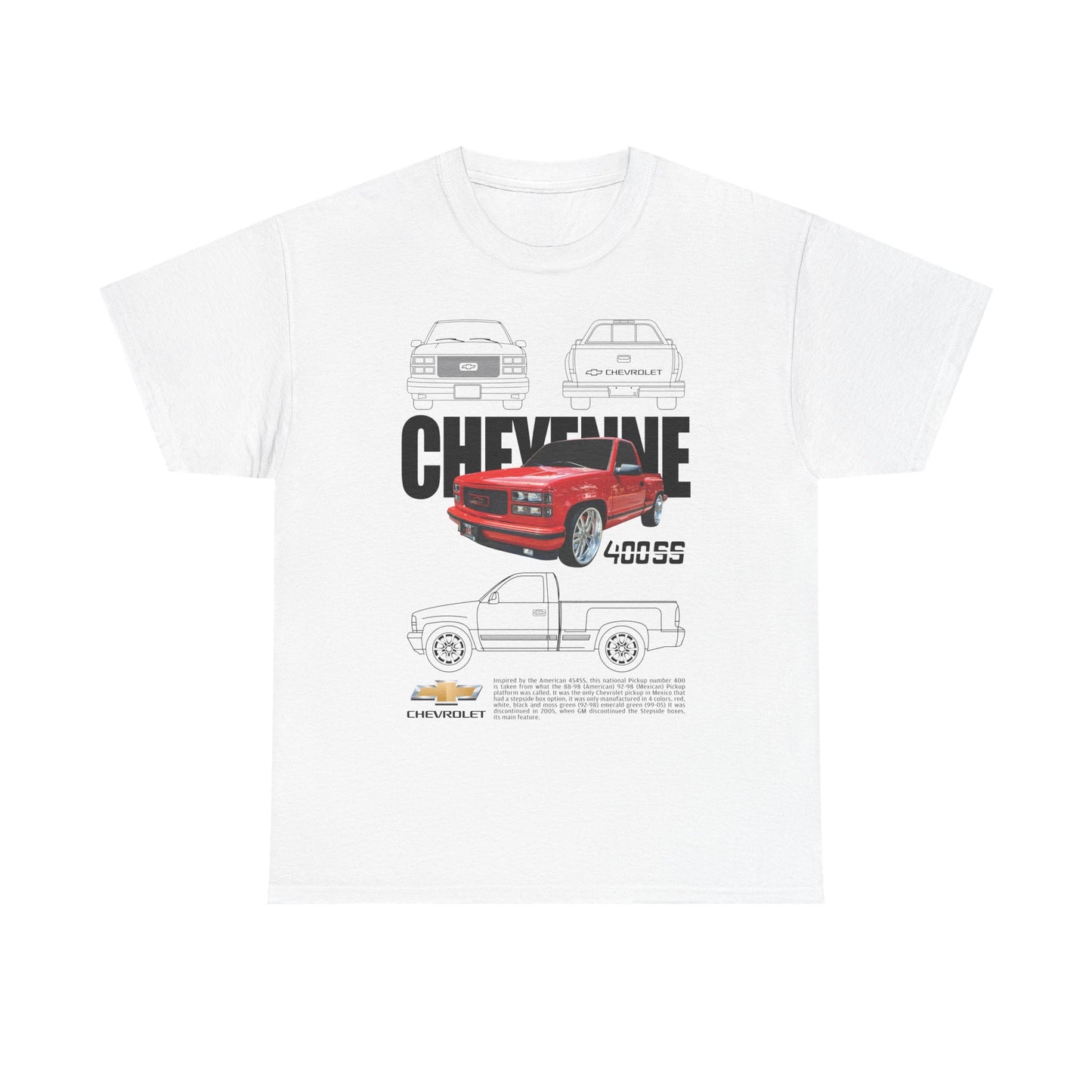 Luxurious Chevrolet Cheyenne Men's T-Shirt featuring a bold graphic design showcasing the iconic 400SS pickup truck in vibrant red. The shirt displays detailed line drawings of the truck's front and back alongside striking typography, ideal for automotive enthusiasts looking to elevate their style.