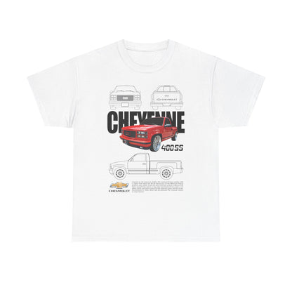 Luxurious Chevrolet Cheyenne Men's T-Shirt featuring a bold graphic design showcasing the iconic 400SS pickup truck in vibrant red. The shirt displays detailed line drawings of the truck's front and back alongside striking typography, ideal for automotive enthusiasts looking to elevate their style.