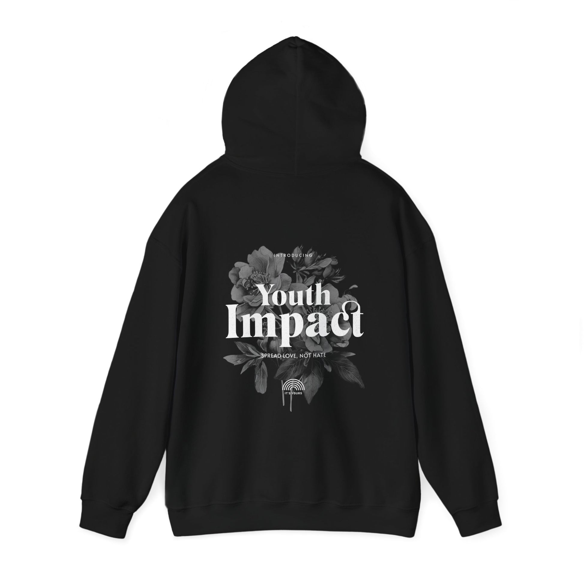 Youth Impact Back Print Hoodie in black with an elegant floral graphic, highlighting the inspiring phrase 'Spread Love, Not Hate'.