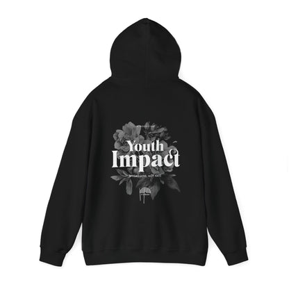 Youth Impact Back Print Hoodie in black with an elegant floral graphic, highlighting the inspiring phrase 'Spread Love, Not Hate'.