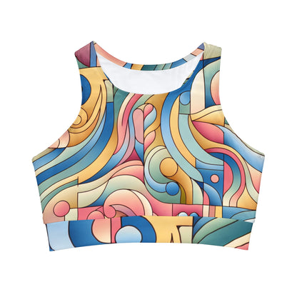 Elegant Women's Energetic Move High Neck Crop Bikini Top by Dazzling Dreams Studio featuring a chic pastel pink abstract design, perfect for summer beach days.