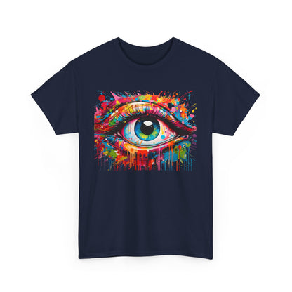 Close-up of the Visionary Drip Graphic Tee in navy blue, featuring a vibrant eye artwork, ideal for wearers who appreciate high-end artistic apparel.