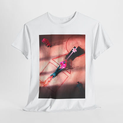 Stylish white unisex t-shirt featuring an artistic graphic inspired by the iconic scenes of the gripping series 'Squid Game', blending modern aesthetics with the thrill of survival.