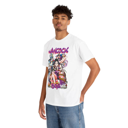 Luxury Boa Hancock Royalty T-Shirt displayed on a male model, showcasing vibrant anime-inspired artwork with bold typography, perfect for fans of One Piece.