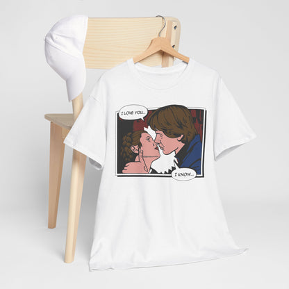 Star Wars I Know Funny Graphic T-Shirt showcasing an artistic depiction of two characters in a passionate kiss with the dialogue 'I LOVE YOU... I KNOW...' in a comic book style, elegantly displayed.
