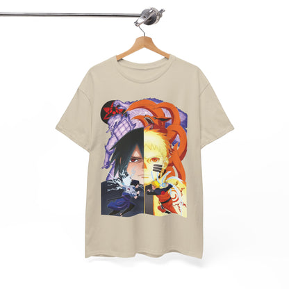Chic beige anime T-shirt elegantly hanging, featuring striking imagery of Sasuke and Naruto, a must-have for discerning fans of contemporary anime fashion.