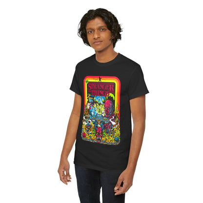 Stunning 'Stranger Things' graphic t-shirt showcasing a vibrant design featuring iconic characters and elements from the series, perfect for fans seeking a bold fashion statement.