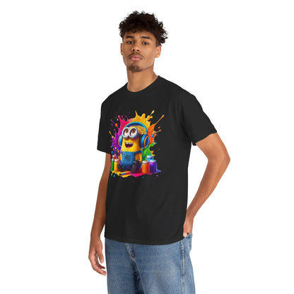A model showcasing the Men's Funny Minion Paint Splash T-Shirt, featuring a cheerful Minion surrounded by colourful splashes of paint, combining humour with style for Minion lovers.