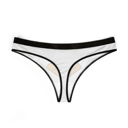 Chic women's thong in pristine white with contrasting black trim, showcasing a subtle graphic detail that blends sophistication with whimsy, ideal for adding a touch of playful elegance to lingerie collections.