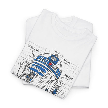 R2 D2 Star Wars Funny Gift Mens Womens Graphic T-Shirt Unisex Cotton Urban folded T-shirts displaying an intricate blueprint design of R2-D2, ideal for luxury casual wear.