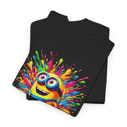 Funny T-Shirt Men's Minion Paint Splash Graphic Tee featuring a vibrant splash of colours behind a cheerful Minion character, perfect for art lovers and collectors. T Shirt, Funny, Minions.