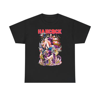 Elegant black men's t-shirt adorned with a striking Hancock anime graphic, capturing stunning artwork and trendy aesthetics for fashionable anime lovers.