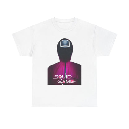 Elegant white unisex t-shirt featuring a striking graphic design inspired by 'Squid Game', showcasing a masked character against a vibrant backdrop, perfect for fashion-forward individuals.