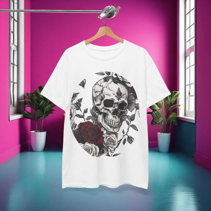 Skulls and Roses Cotton Tee, Unisex Graphic Shirt displayed elegantly in a chic interior, highlighting its unique artistic design.