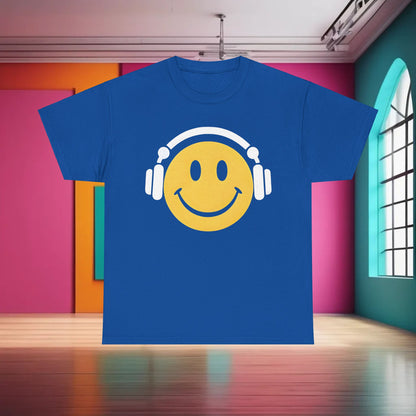 Enchanted Harmony Graphic T-Shirt featuring a vibrant blue colour with a yellow smiley face and white headphones design, showcasing playful nostalgia in high-end fashion.