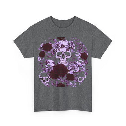 The front view of the Skulls and Roses Cotton Tee featuring an eye-catching steampunk design with multiple skulls and beautiful roses, ideal for making a bold fashion statement.