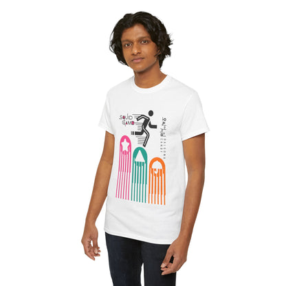 Stylish unisex Squid Game graphic t-shirt featuring vibrant design elements, perfect for urban streetwear enthusiasts.