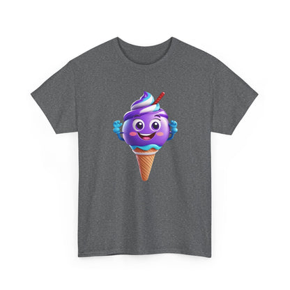 Scoop of Joy: Cartoon Ice Cream Cone Character Tee featuring a vibrant purple ice cream character on a grey unisex cotton graphic T-shirt.