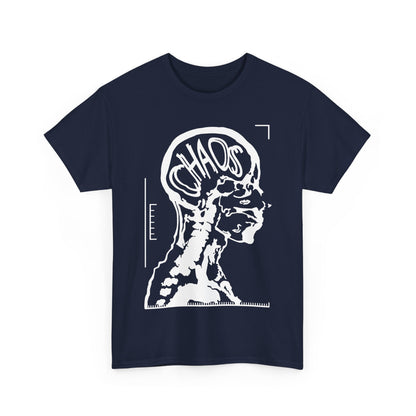 CHAOS Graphic Unisex T-Shirt in Premium Cotton displaying a sophisticated black and white X-ray design of a human profile with the word 'CHAOS,' perfect for modern art enthusiasts.
