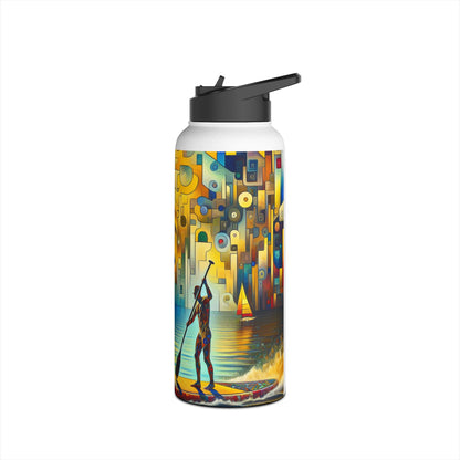 Refined Fantasy Paddleboarding Stainless Steel Water Bottle featuring a modern paddleboard scene with geometric artistry, designed for elegance in outdoor activities.