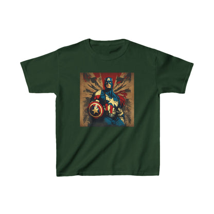 Kids Captain America Heavy Cotton T-Shirt in Moss Green, showcasing a striking Captain America graphic for young fans of the iconic hero.