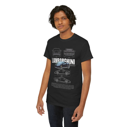 Stylish representation of a T-shirt design displaying the Lamborghini Huracán technical drawing worn by a model; embodies sophistication and a passion for performance.