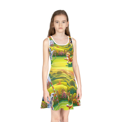 Delightful Bella Sterling Girls Sundress showcasing adorable puppies in a lively netball scene, created by Dazzling Dreams Studio for playful summer days.