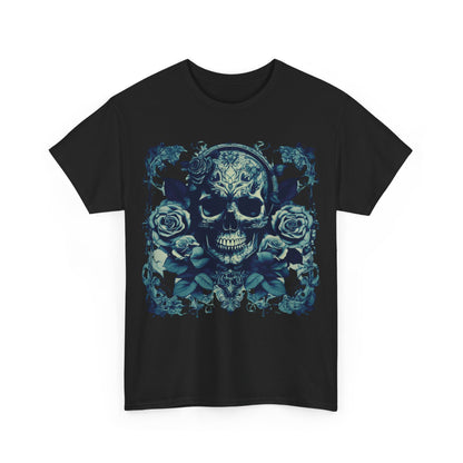 Front view of a Skulls and Roses Cotton Tee in black, showcasing the elaborate skull and rose design, a must-have for alternative fashion enthusiasts.