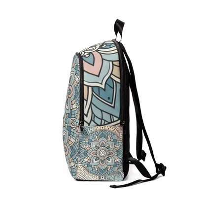 A model wearing the FlexFit Fusion Art Backpack by Dazzling Dreams Studio, demonstrating its comfortable fit and luxurious aesthetic in a contemporary setting.