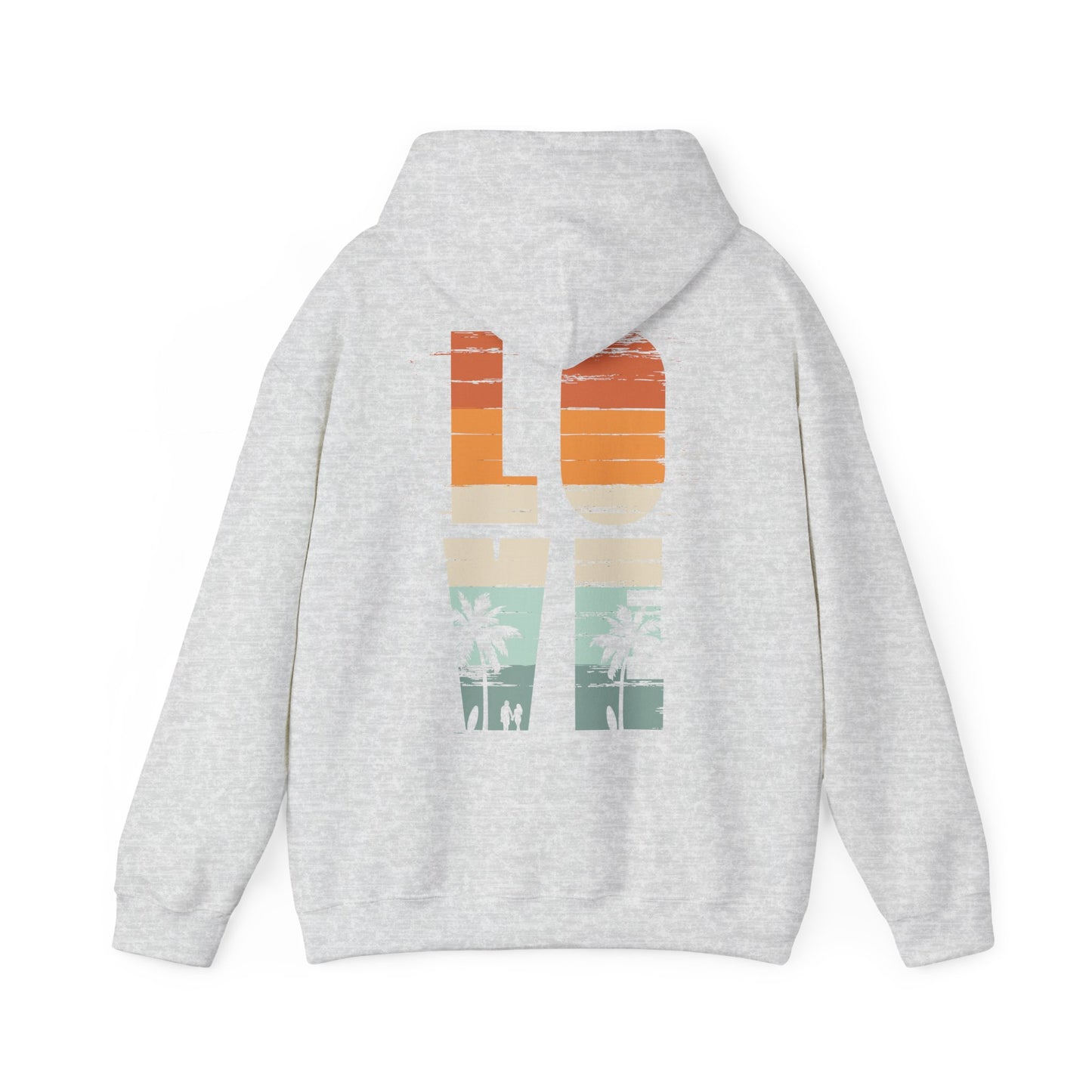 Chic Vintage Love Back Print Hoodie in light grey, adorned with a stylish retro graphic that blends muted oranges and greens, depicting palm silhouettes and ocean waves for a nostalgic look.