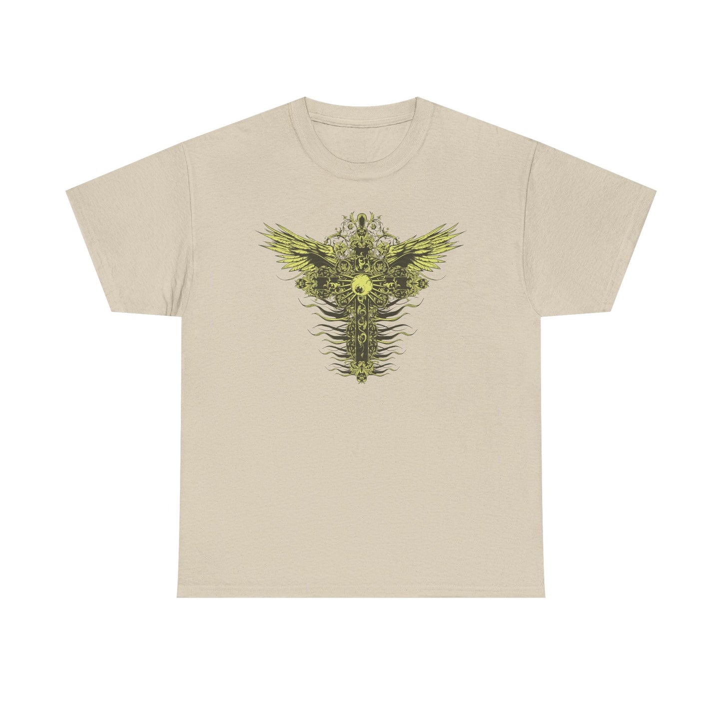 Chic beige men's t-shirt adorned with a stunning graphic design of a decorative cross and stylized wings in vibrant yellow-gold highlights.