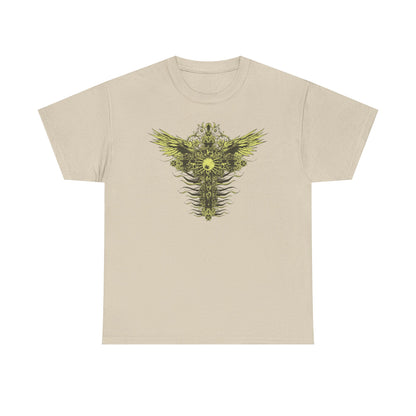 Chic beige men's t-shirt adorned with a stunning graphic design of a decorative cross and stylized wings in vibrant yellow-gold highlights.