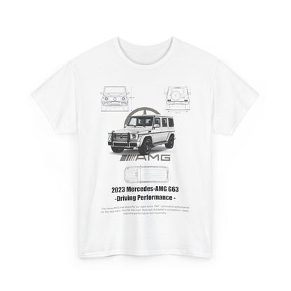 Stylish white t-shirt for men with a striking 2023 Mercedes-AMG G63 graphic and detailed vehicle specifications, combining luxury fashion with automotive passion.