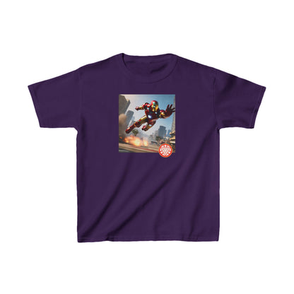Kids Iron Man Printed Heavy Duty T-Shirt in elegant purple, adorned with a dynamic Iron Man illustration, designed for stylish children.