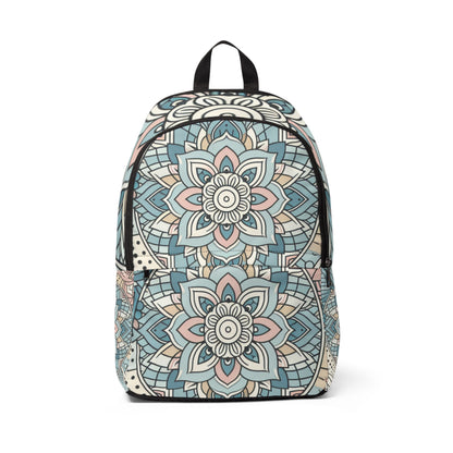 Stylish pastel design of the FlexFit Fusion Art Backpack by Dazzling Dreams Studio, showcasing intricate patterns in soft blues and gentle pinks for modern travellers.