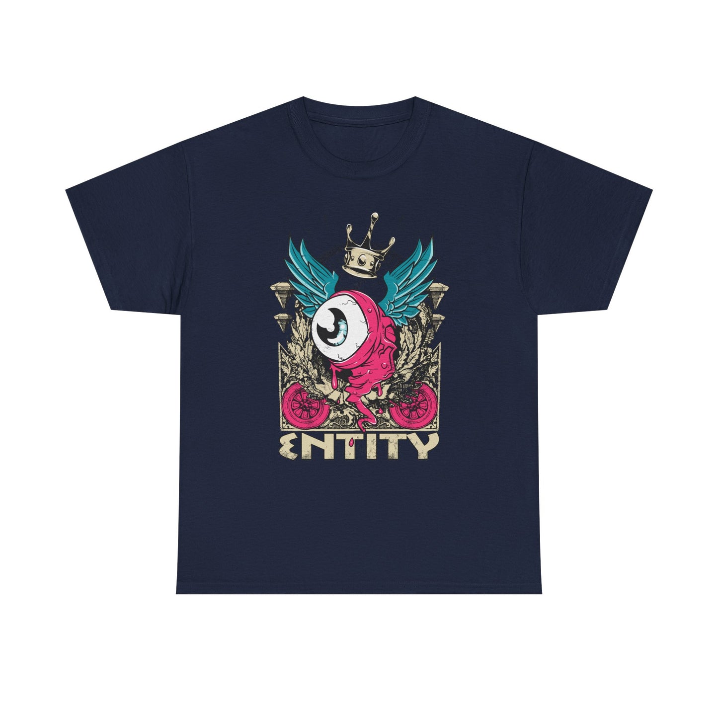 Sophisticated navy men’s t-shirt adorned with a captivating grotesque eye graphic, teal wings, and a golden crown, merging vintage artistry with contemporary streetwear.