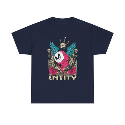 Sophisticated navy men’s t-shirt adorned with a captivating grotesque eye graphic, teal wings, and a golden crown, merging vintage artistry with contemporary streetwear.