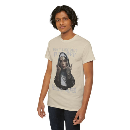 Chic beige men's t-shirt adorned with an imaginative tattooed nun design, encapsulating a humorous message: 'Don't Like Me? F**k Off. Problem Solved.' Ideal for distinctive fashion.