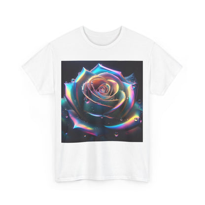 Front view of The Ethereal Rose Tee Unisex Cotton Graphic T Shirt featuring a vibrant, stylised rose design with iridescent effects reminiscent of shimmering glass.