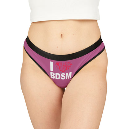 Elegant women's thong featuring a playful 'I ❤️ BDSM' design, perfect for intimate moments or cheeky gifts.